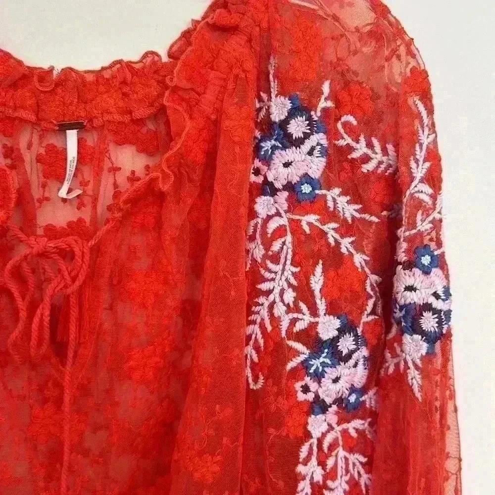 Free People Jubilee Red Embroidered Top